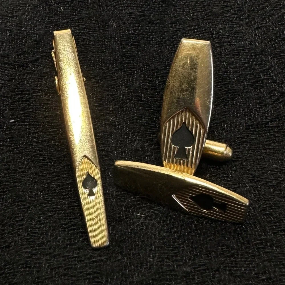 Vintage Anson Spade Tie Clip Cufflinks Set Gold Tone Mid Century‎ Mens